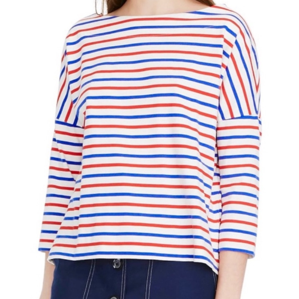 J. Crew‎ Red and Blue Striped 3/4 Sleeve Top L
